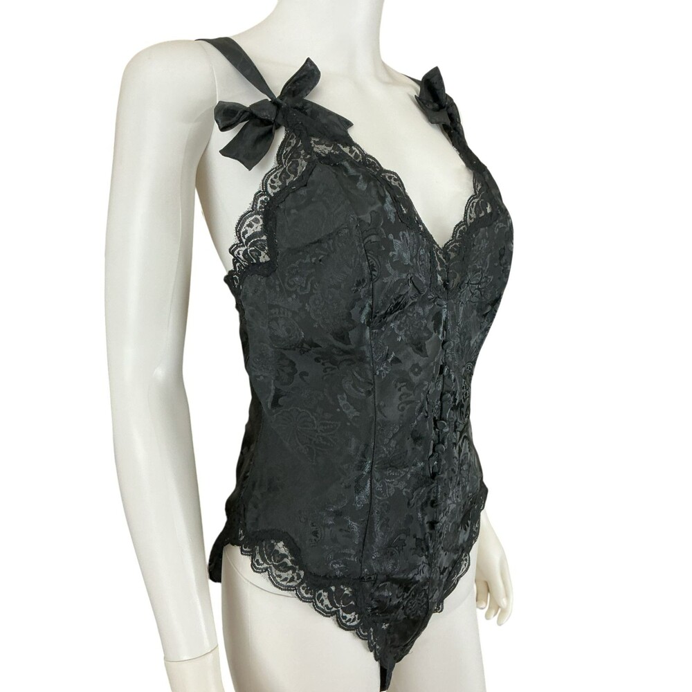VTG Victorias Secret Gold Label Black Satin Lace Teddy sz M Bow Detail Lingerie